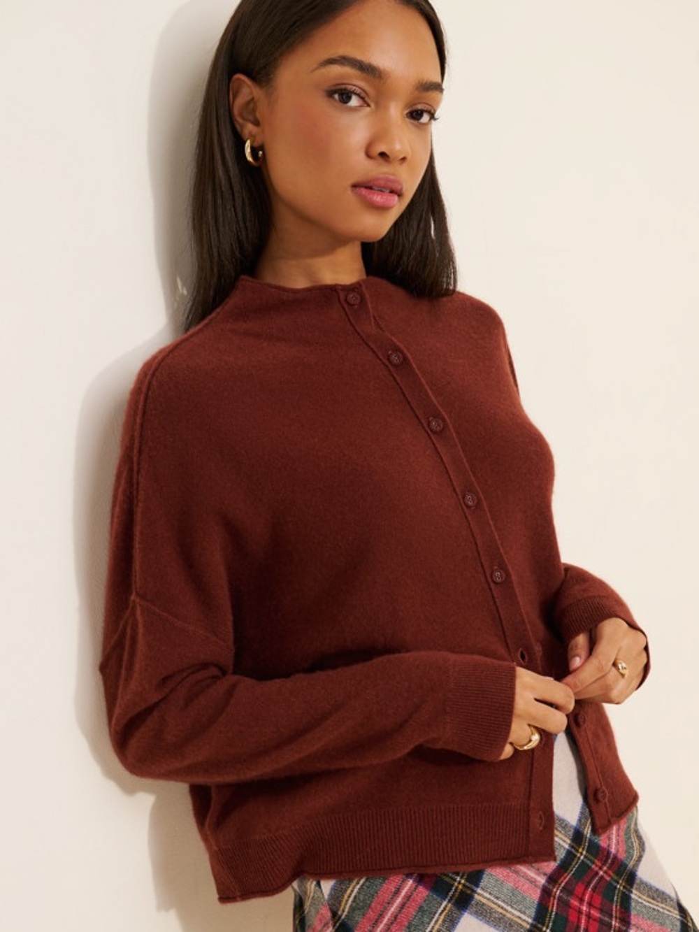Anthropologie Pilcro 100% Cashmere Mockneck Button-Front Cardigan Wine Medium